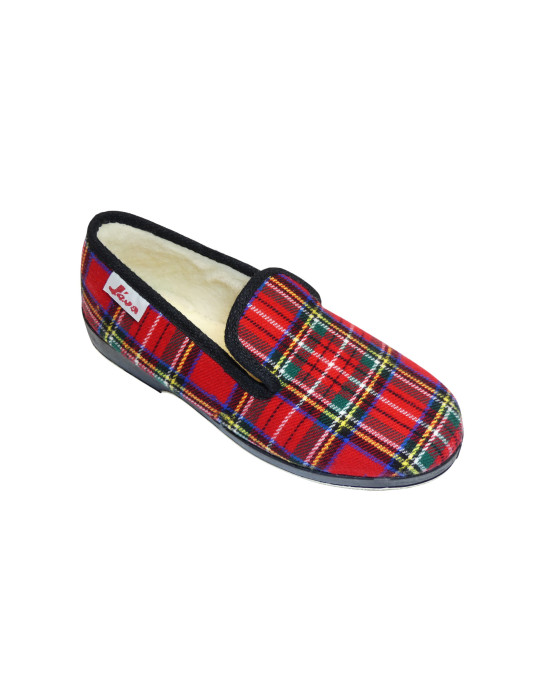 PANTOUFLE ECOSSAIS ROUGE SEMELLE CAOUTCHOUC