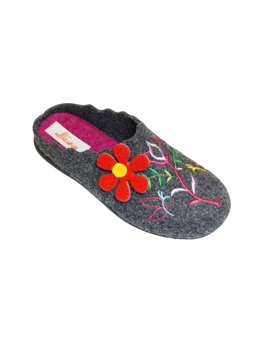 MULE FEUTRINE BRODERIE FLEURS SEMELLE CAOUTCHOUC